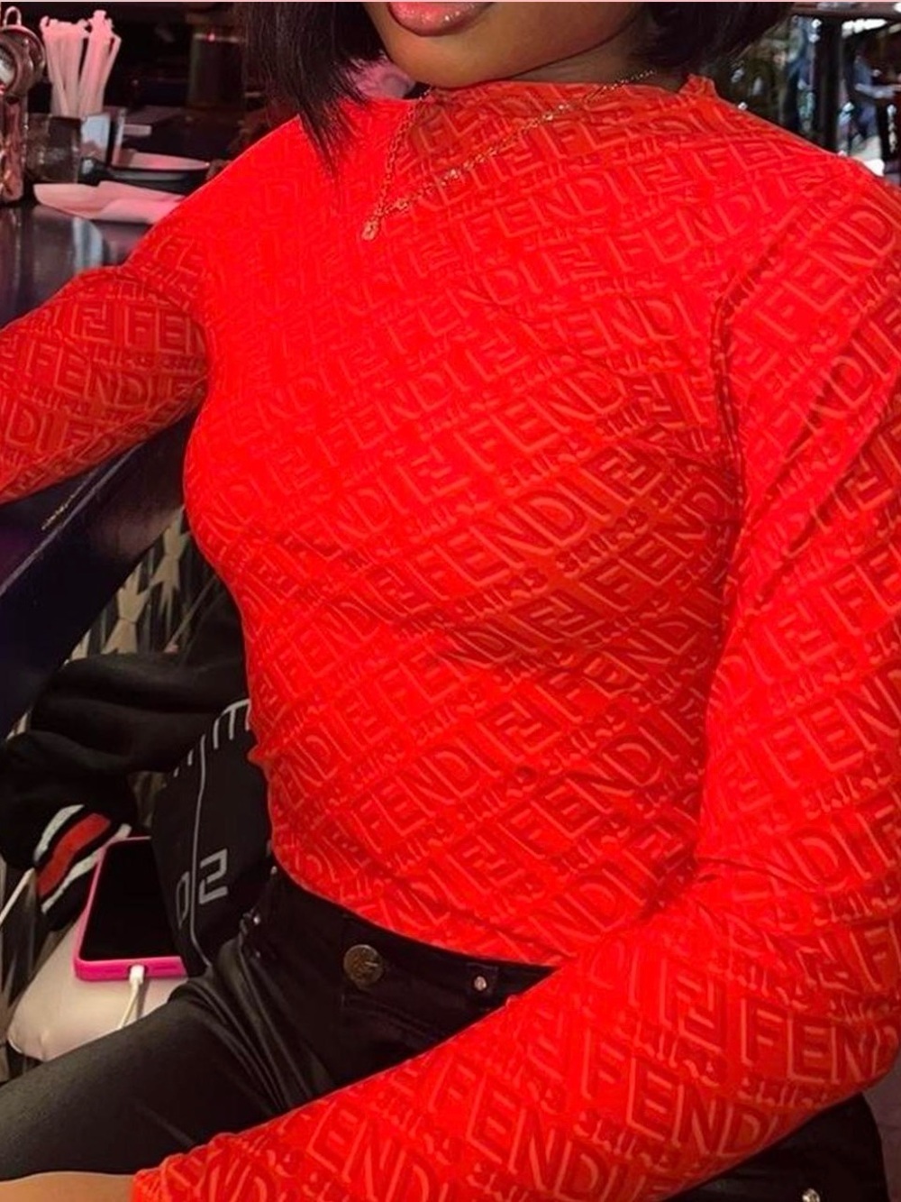Fendi Red Logo-Embossed Long Sleeve Bodysuit